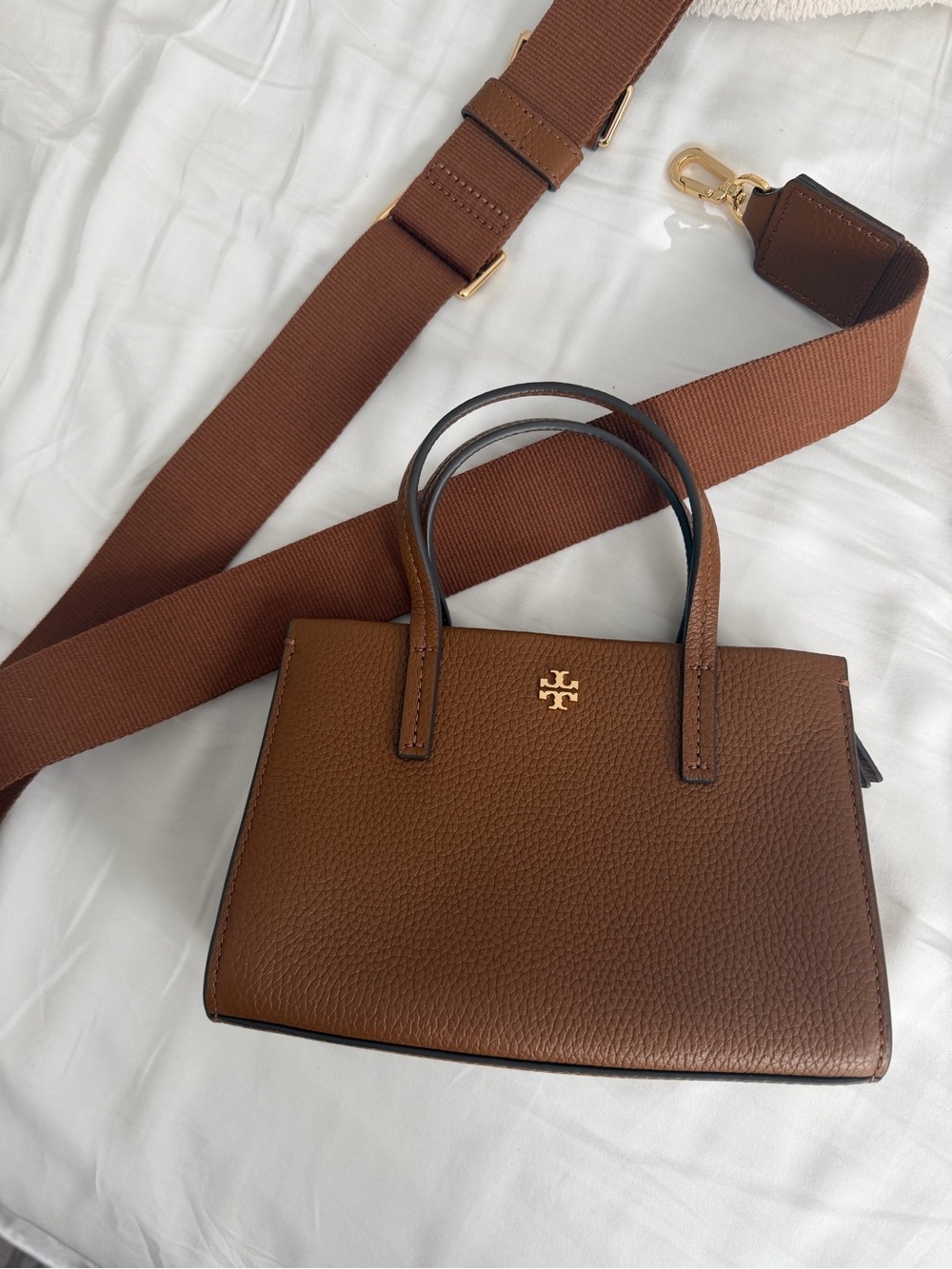 Tory Burch Brown Pebbled Leather Crossbody Satchel with Wide Strap